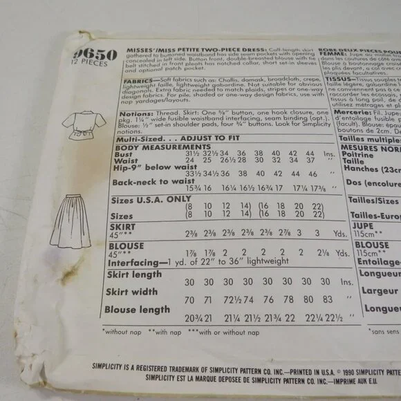Simplicity 9650 clothing pattern top & skirt size 16-22 - Picture 7 of 9